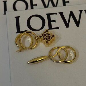 Loewe Gold Tone Hoop Earrings Asymmetric Charm Design Anagram Detail Like New